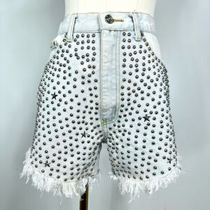 Vintage 90s Studded Frayed Jeans  High Waisted Denim Shorts, size 7 Jr.